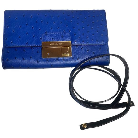 Michael Kors Blue Ostrich Embossed Leather Convertible Clutch Shoulder Bag w/Key - Picture 6 of 12